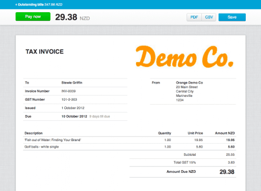 Tax invoicing through Xero