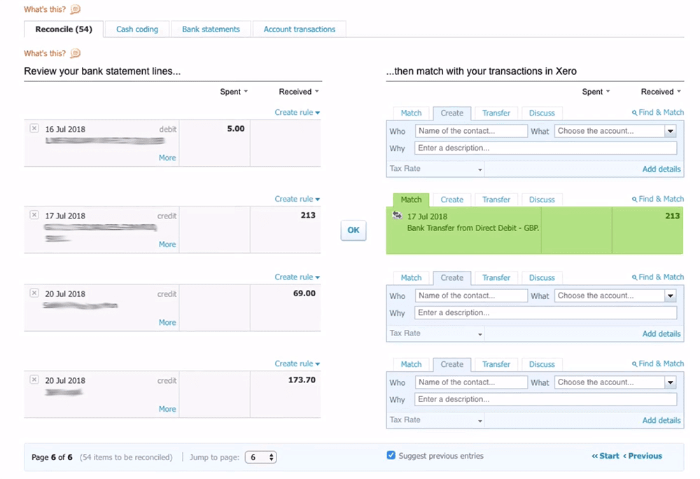 Xero reconciliation screen