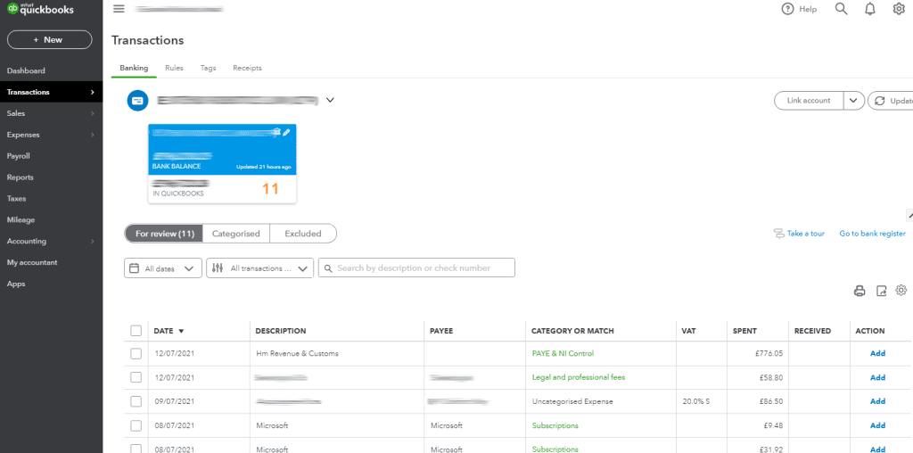 quickbook transaction dashboard